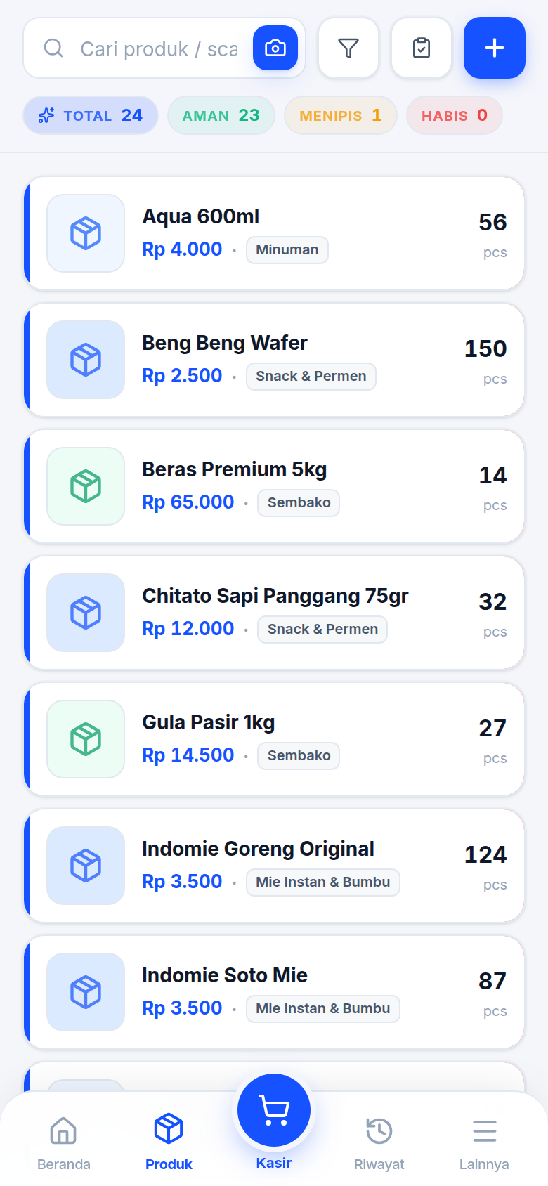Layar HP · Produk di aplikasi PiPos